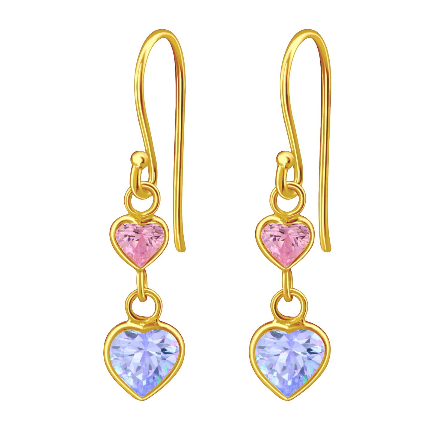 Pink Cubic Zirconia & Sterling Silver 18k Gold-Plated Dual Heart Drop Earrings