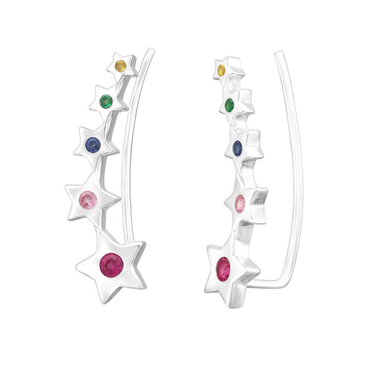 Sterling Silver Multi-Colored Cubic Zirconia Star Crawler Earrings