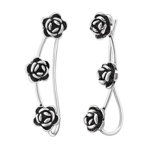 Sterling Silver Oxidized Rose Ear Climbers