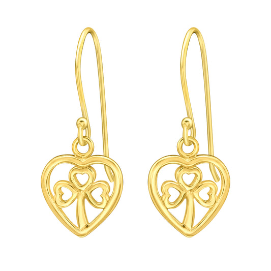 Sterling Silver 18k Gold-Plated Clover Heart Drop Earrings