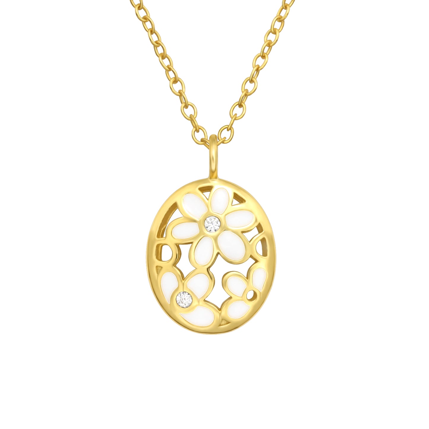 Cubic Zirconia & Goldtone Floral Oval Pendant Necklace