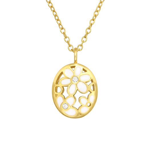 Cubic Zirconia & Goldtone Floral Oval Pendant Necklace