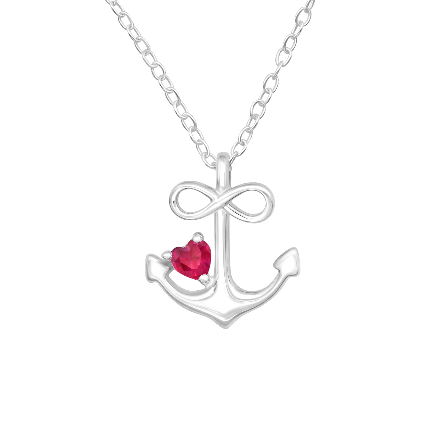 Sterling Silver Anchor Infinity Pendant Necklace with Ruby Red Heart Cubic Zirconia