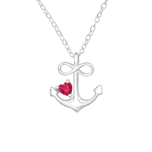 Sterling Silver Anchor Infinity Pendant Necklace with Ruby Red Heart Cubic Zirconia