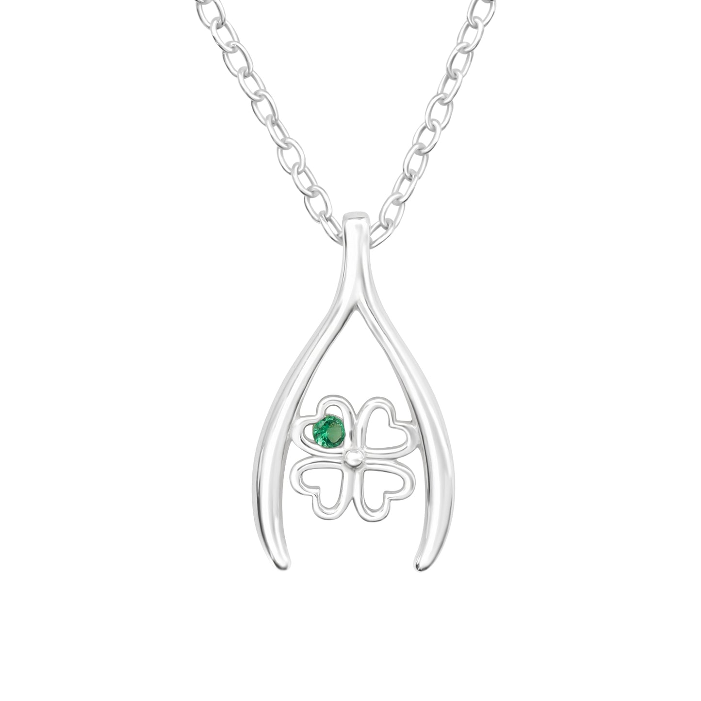 Sterling Silver Wish Bone & Clover Leaf Pendant Necklace with Green Cubic Zirconia