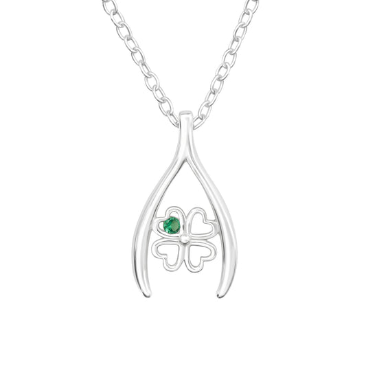 Sterling Silver Wish Bone & Clover Leaf Pendant Necklace with Green Cubic Zirconia