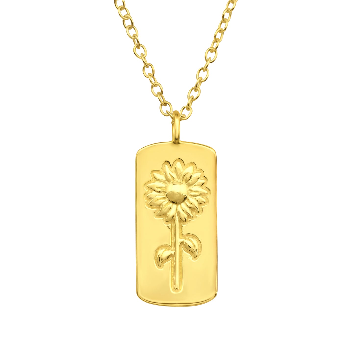 Sterling Silver 18k Gold-Plated Rectangular Sunflower Engraved Pendant Necklace