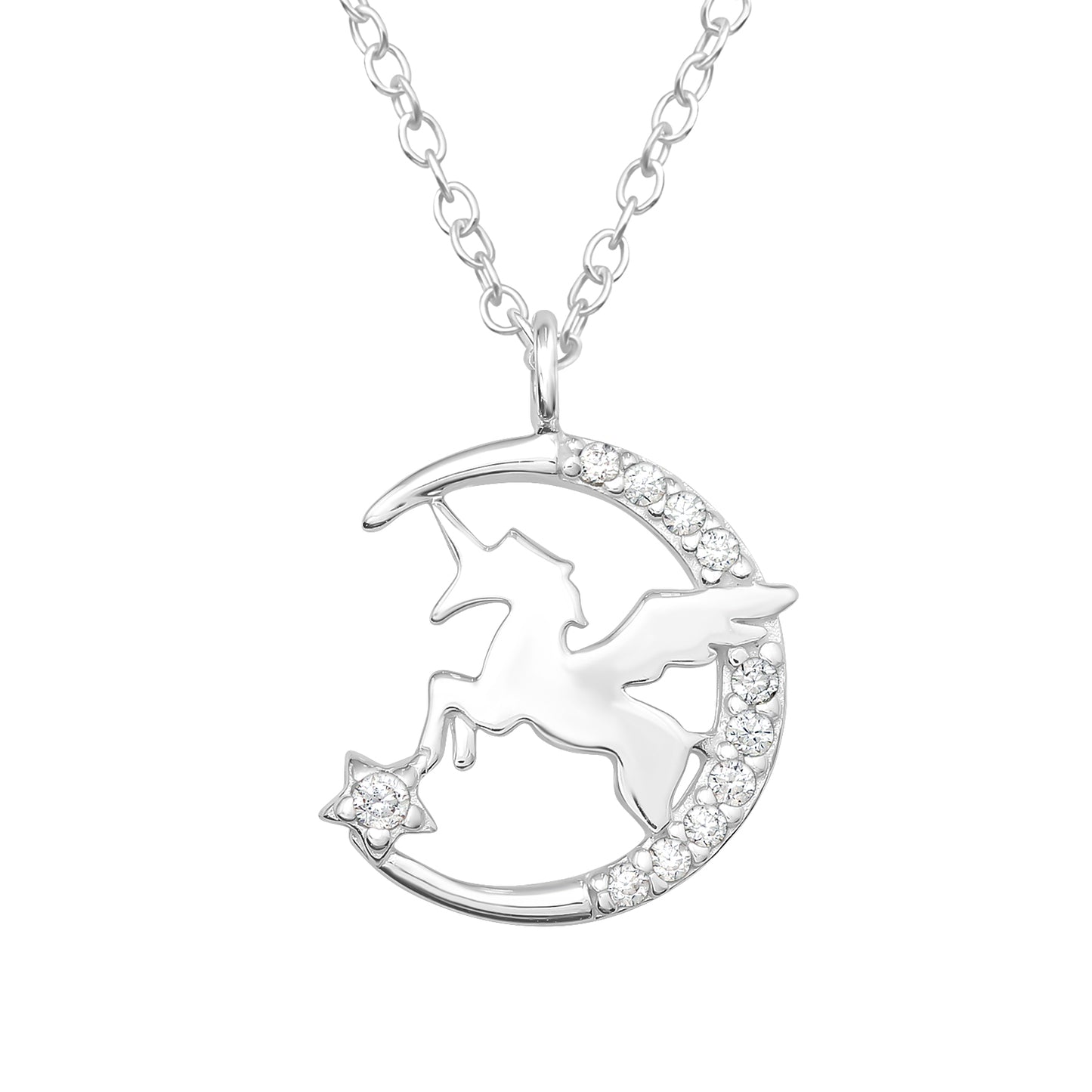 Sterling Silver Unicorn & Crescent Moon Pendant Necklace with Cubic Zirconia