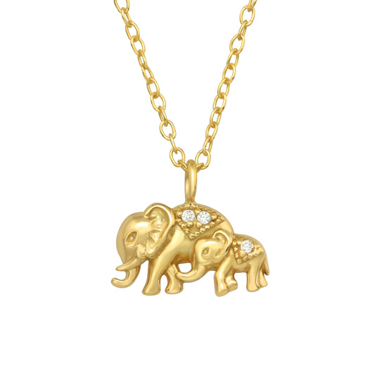 Sterling Silver 18k Gold-Plated Mama & Baby Elephant Pendant Necklace with Cubic Zirconia