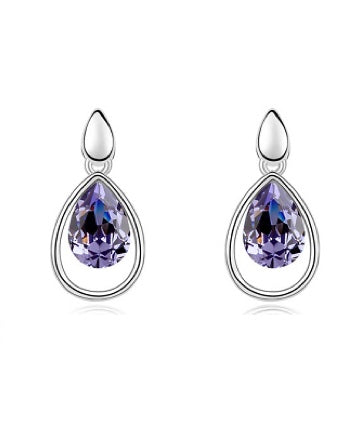 Silvertone Purple Swarovski Crystal Teardrop Drop Earrings