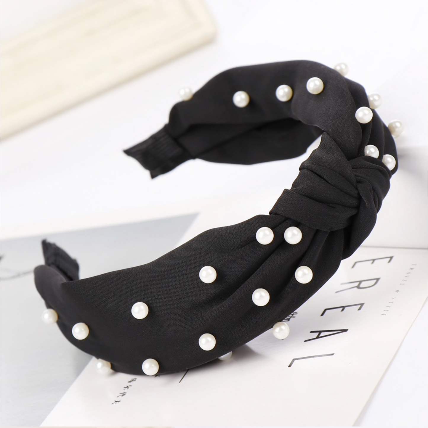 Black Faux Pearl Knotted Headband