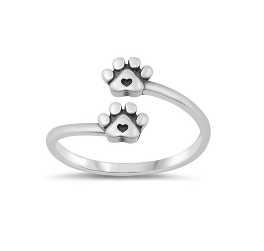 Sterling Silver Heart Paw Prints Bypass Ring