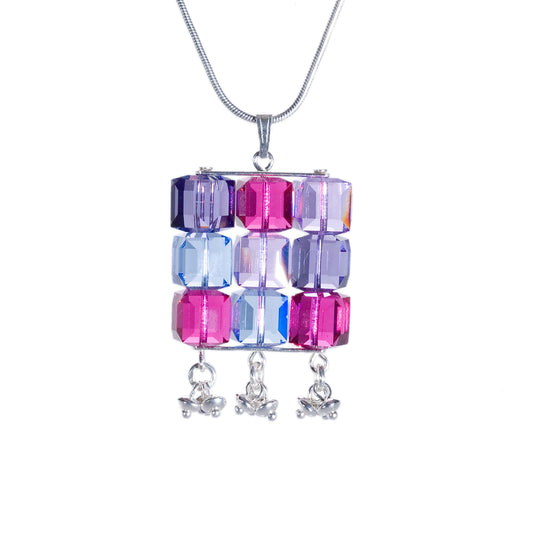 Silvertone Cubic Pendant Necklace with Multi-Coloured Swarovski Crystals