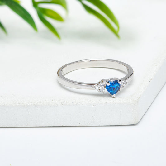 Blue Cubic Zirconia & Sterling Silver Heart & Triplet Ring