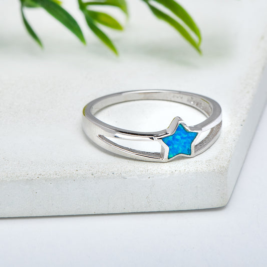 Lab-Created Blue Opal & Sterling Silver Star Open Ring