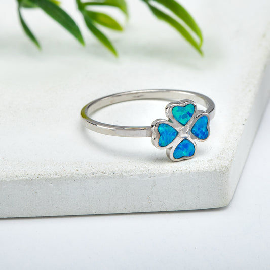 Blue Opal & Sterling Silver Clover Ring