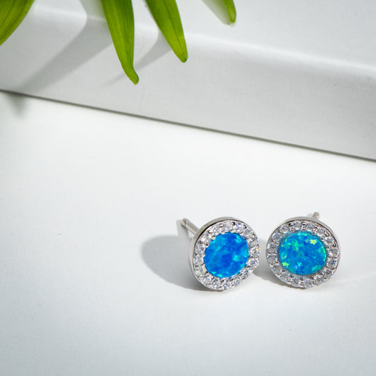 Sterling Silver & Cubic Zirconia Stud Earrings with Lab-Created Blue Opal