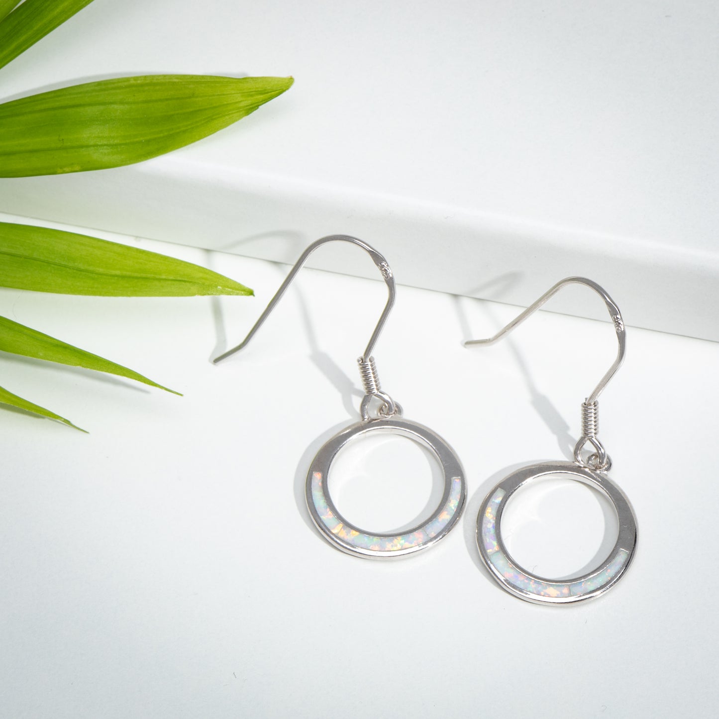 Sterling Silver Open Circle Drop Earrings with Lab-Created Opal