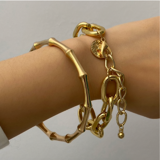 Goldtone Cable Chain Bracelet Bangle Set
