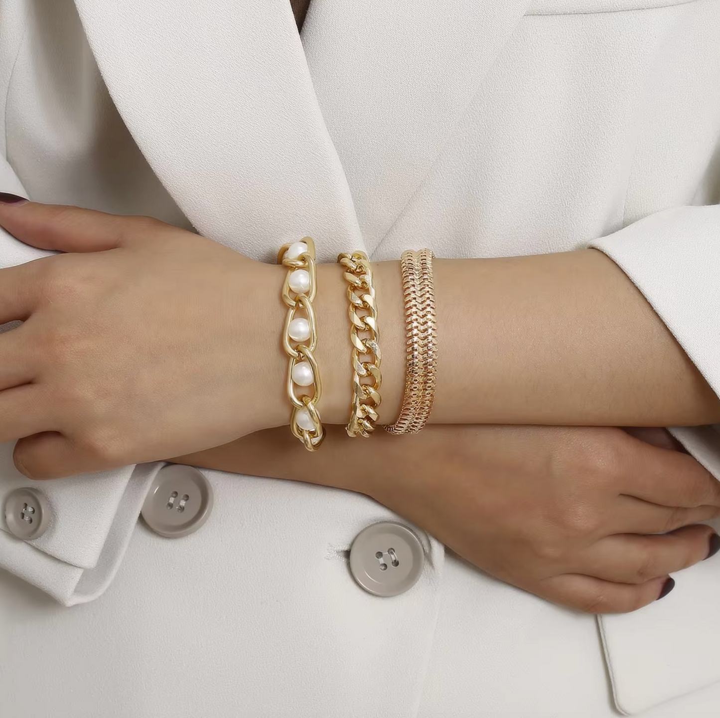 Imitation Pearl Goldtone Chain Bracelet Set