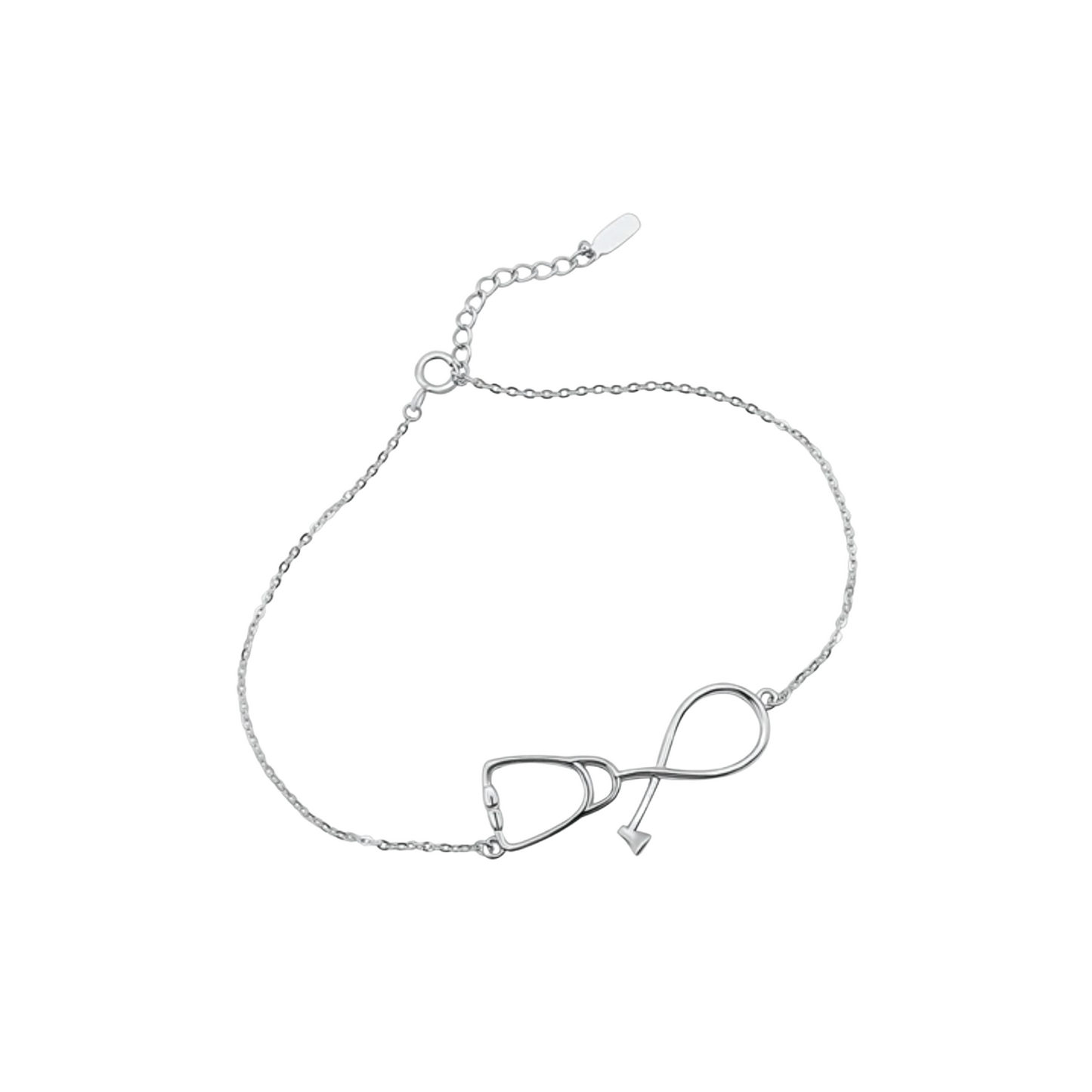 Sterling silver stethoscope bracelet on a fine adjustable chain, polished finish—gift for nurses and doctors.