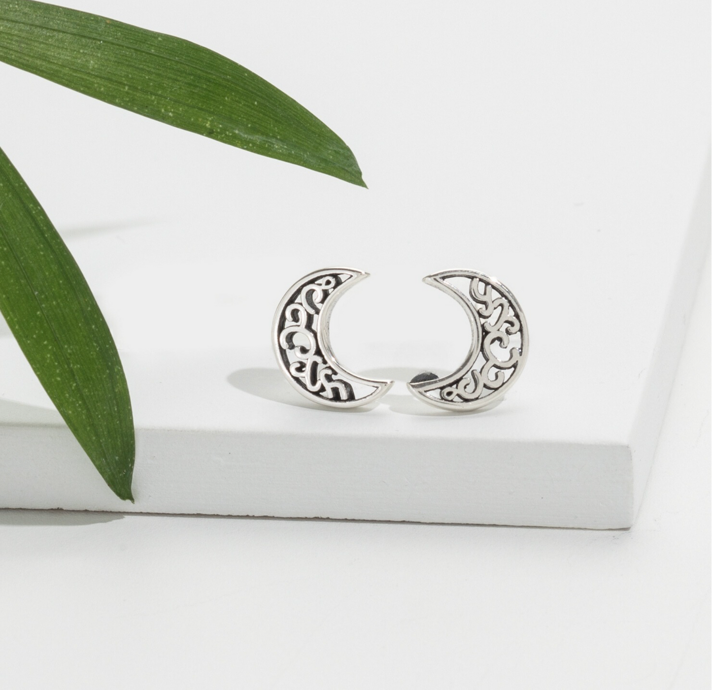 Sterling Silver Filigree Crescent Moon Stud Earrings