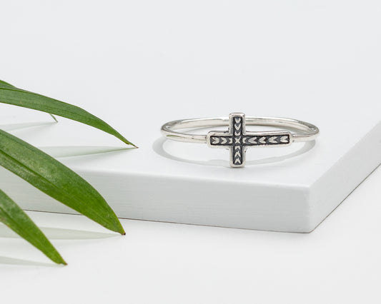 Sterling Silver Oxidized Sideways Cross Ring