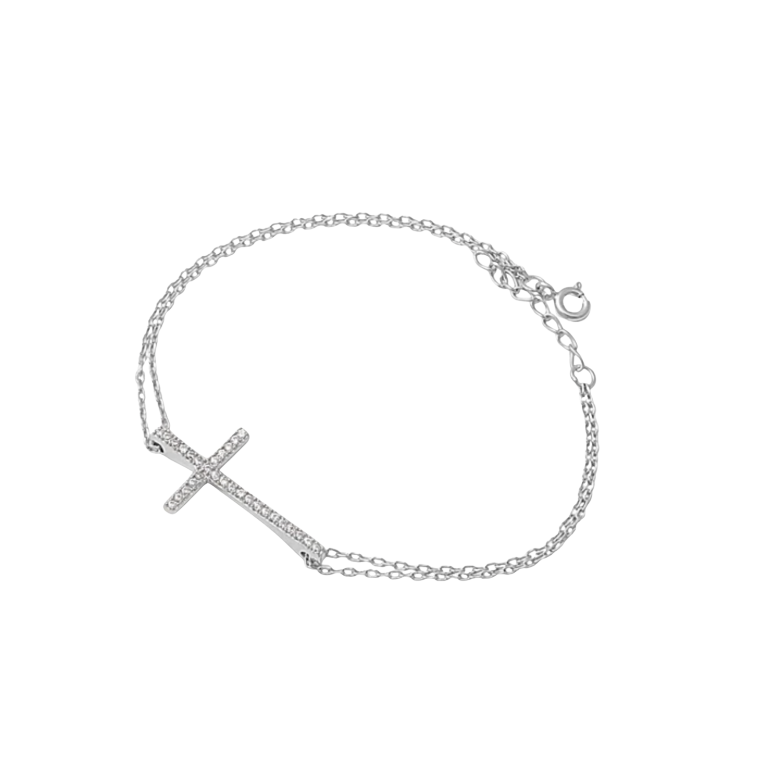 Sterling silver bracelet with a cross charm on a white background