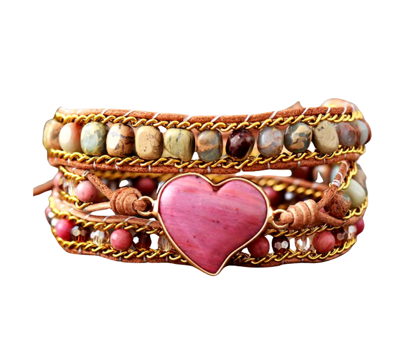 Pink Jasper Rhodonite Heart Beaded Leather Wrap Bracelet