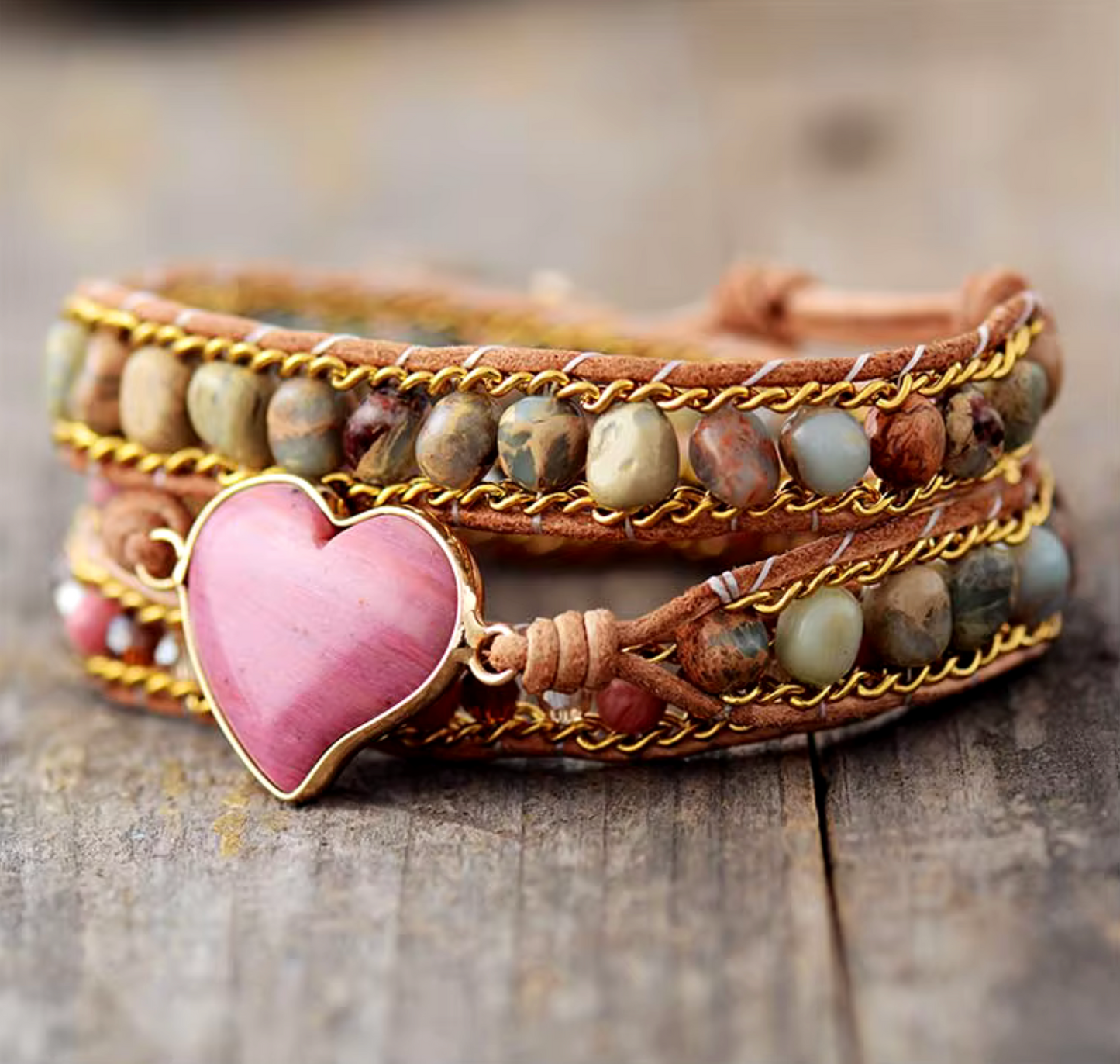 Pink Jasper Rhodonite Heart Beaded Leather Wrap Bracelet