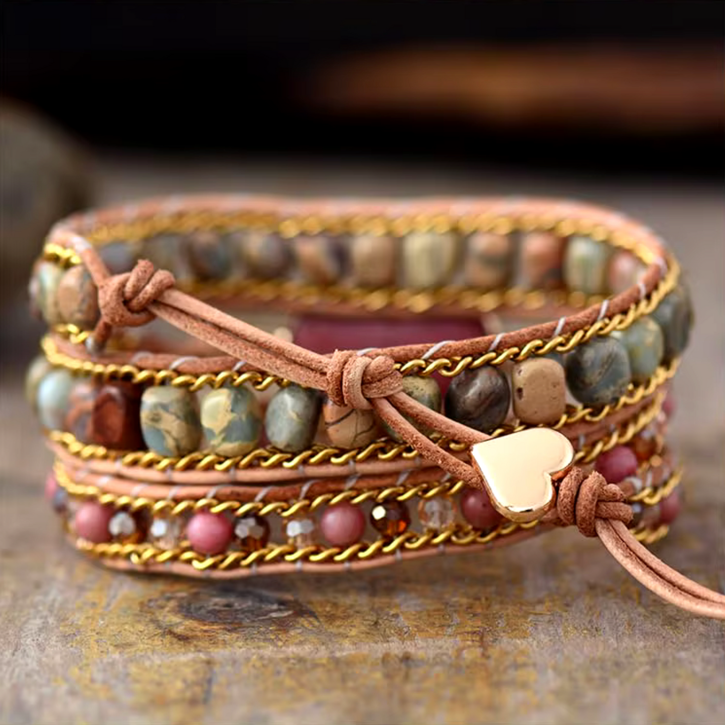 Pink Jasper Rhodonite Heart Beaded Leather Wrap Bracelet