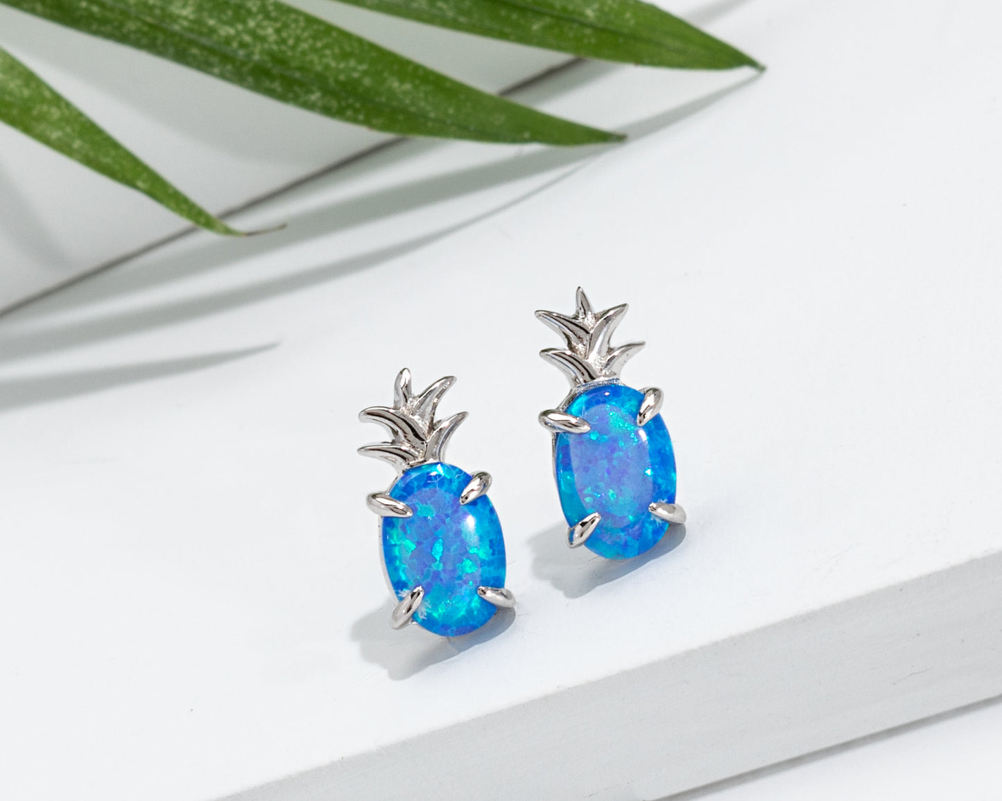 Sterling Silver Pineapple Stud Earrings with Lab-Created Blue Opal