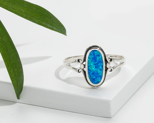 Lab-Created Blue Opal & Sterling Silver Statement Oval Ring