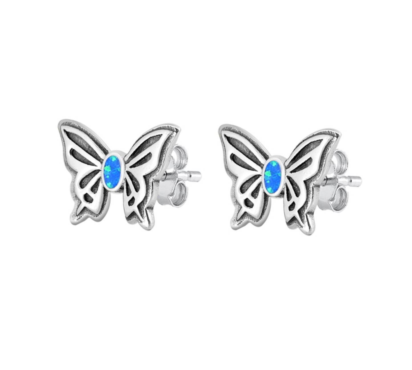 Sterling Silver Butterfly Stud Earrings with Blue Lab-Created Opal