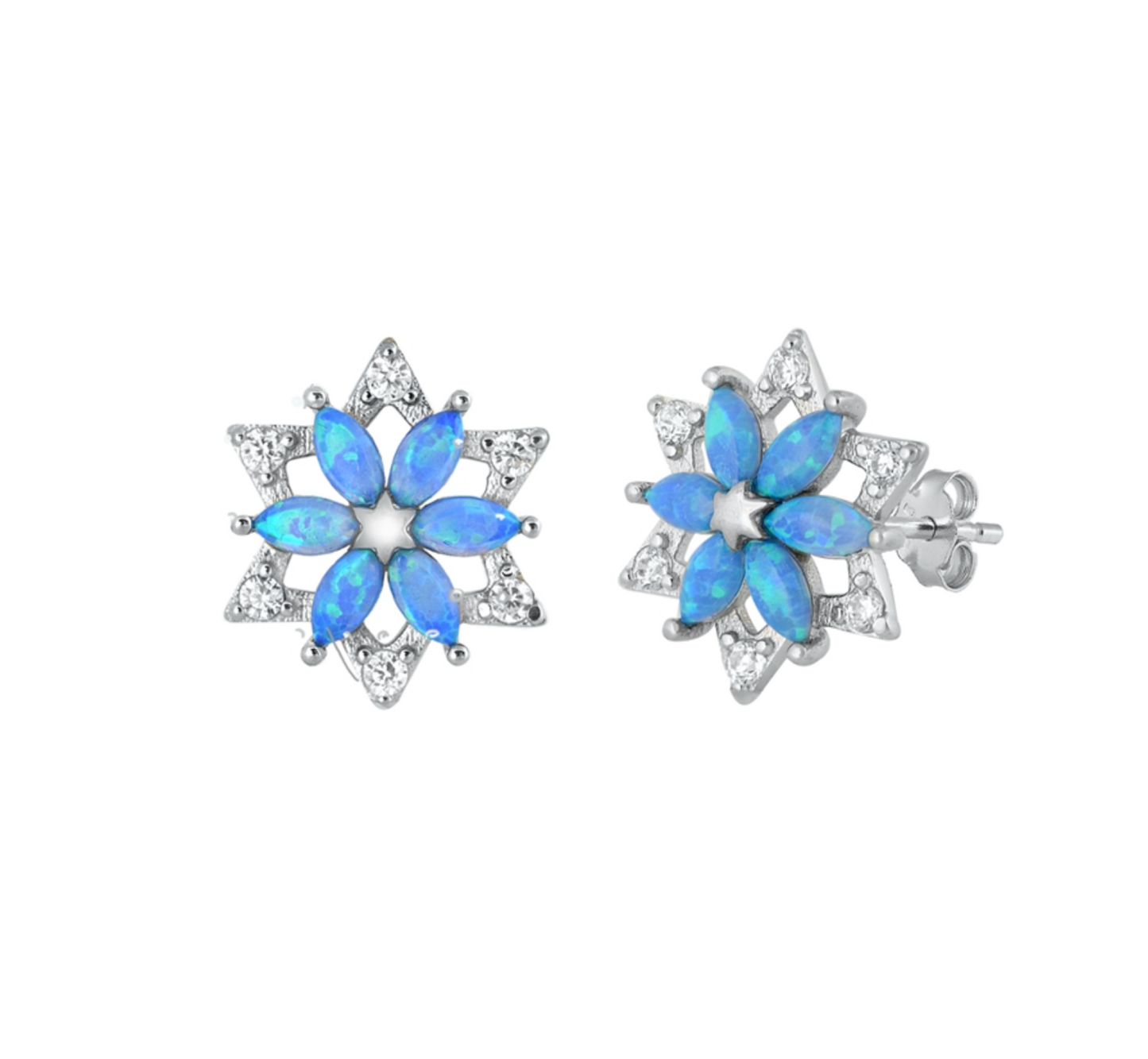 Sterling Silver & Cubic Zirconia Flower Stud Earrings with Lab-Created Blue Opal