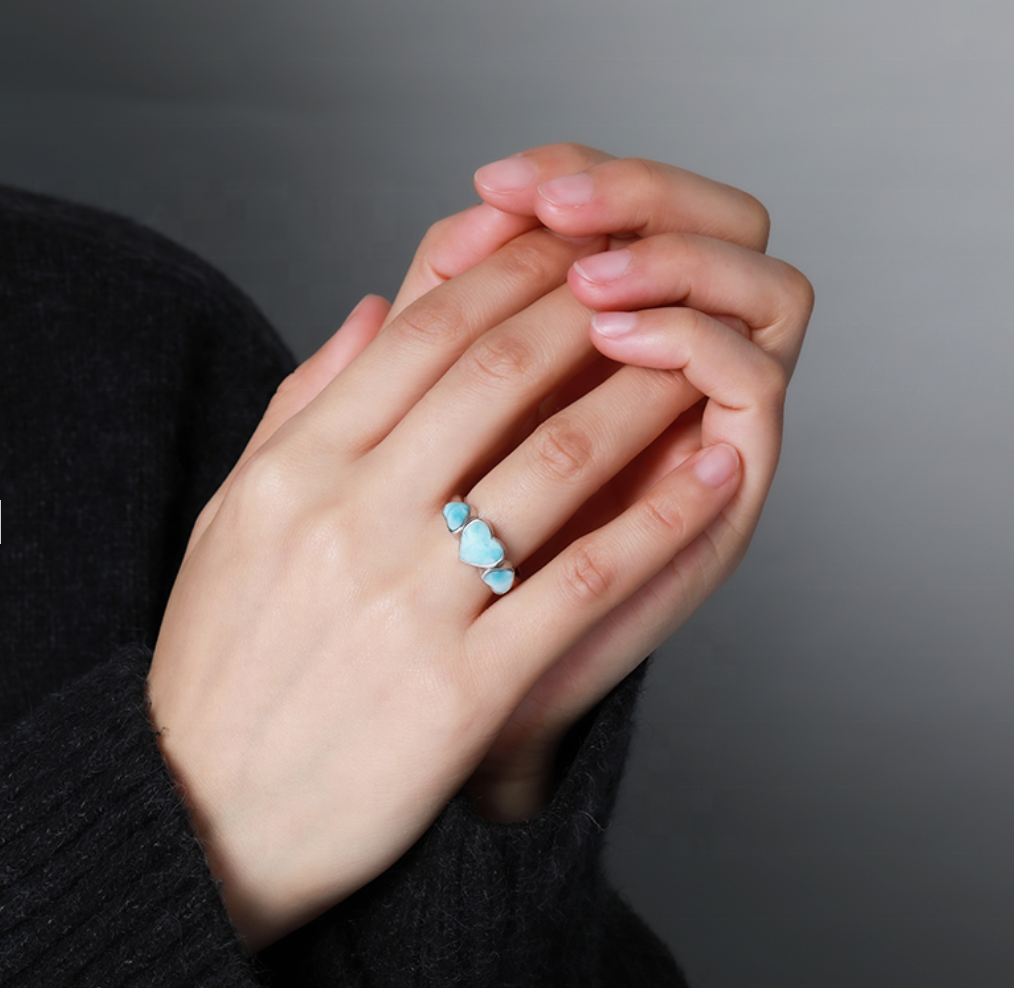 Sky Blue Larimar & Sterling Silver Triple-Heart Ring