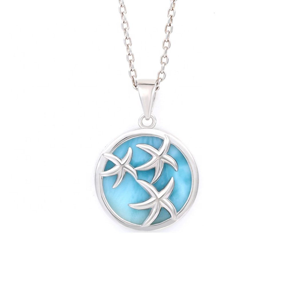 Sky Blue Larimar & Sterling Silver Starfish Pendant Necklace