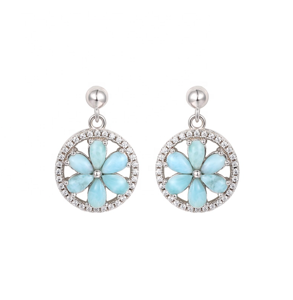 Sky Blue Larimar & Sterling Silver Floral Drop Earrings