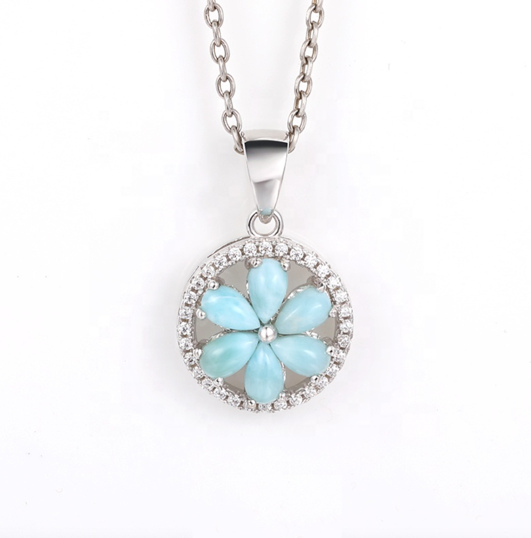 Sky Blue Larimar & Sterling Silver Floral Pendant Necklace