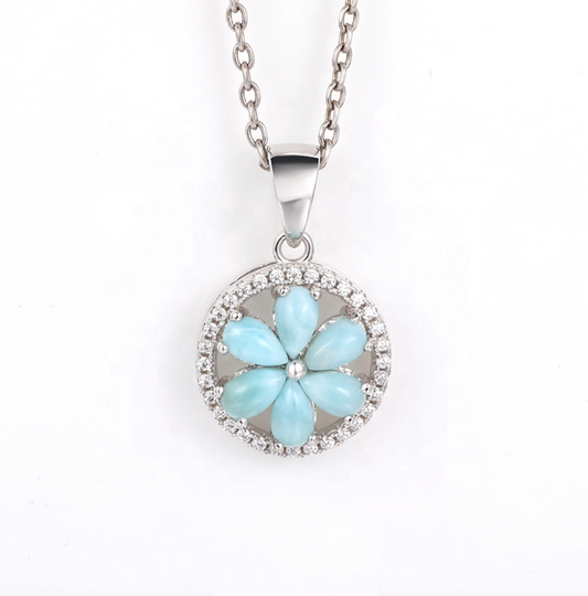 Sky Blue Larimar & Sterling Silver Floral Pendant Necklace