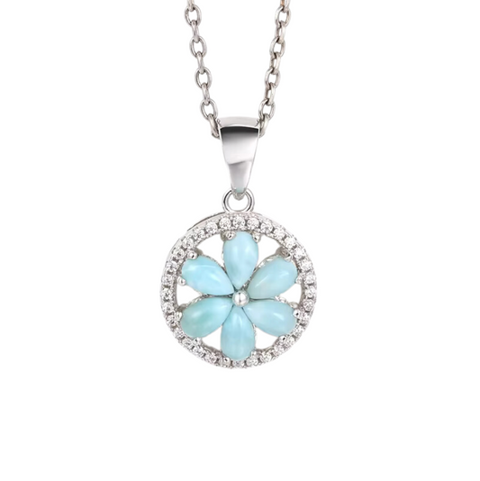 Sky Blue Larimar & Sterling Silver Floral Pendant Necklace