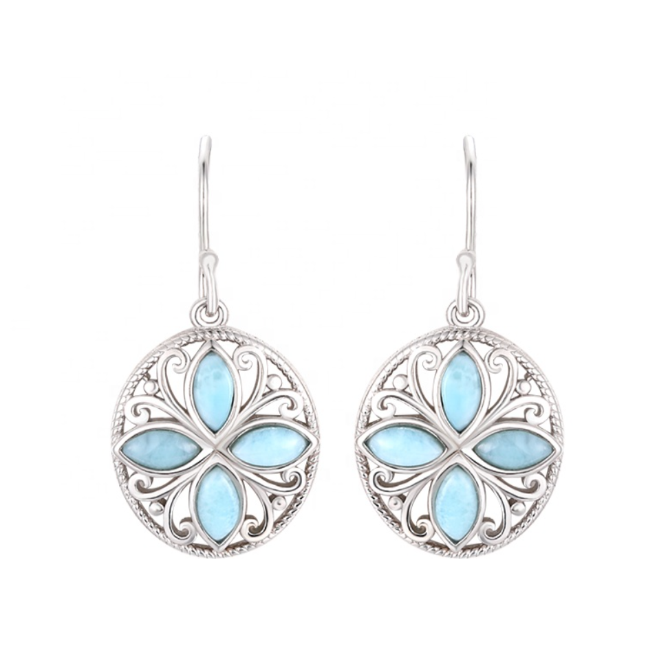 Sky Blue Larimar & Sterling Silver Clover Drop Earrings