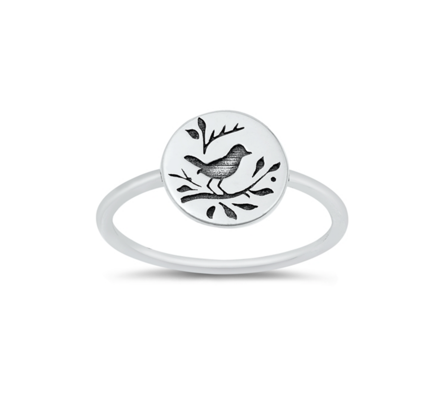 Sterling Silver Engraved Songbird Round Ring