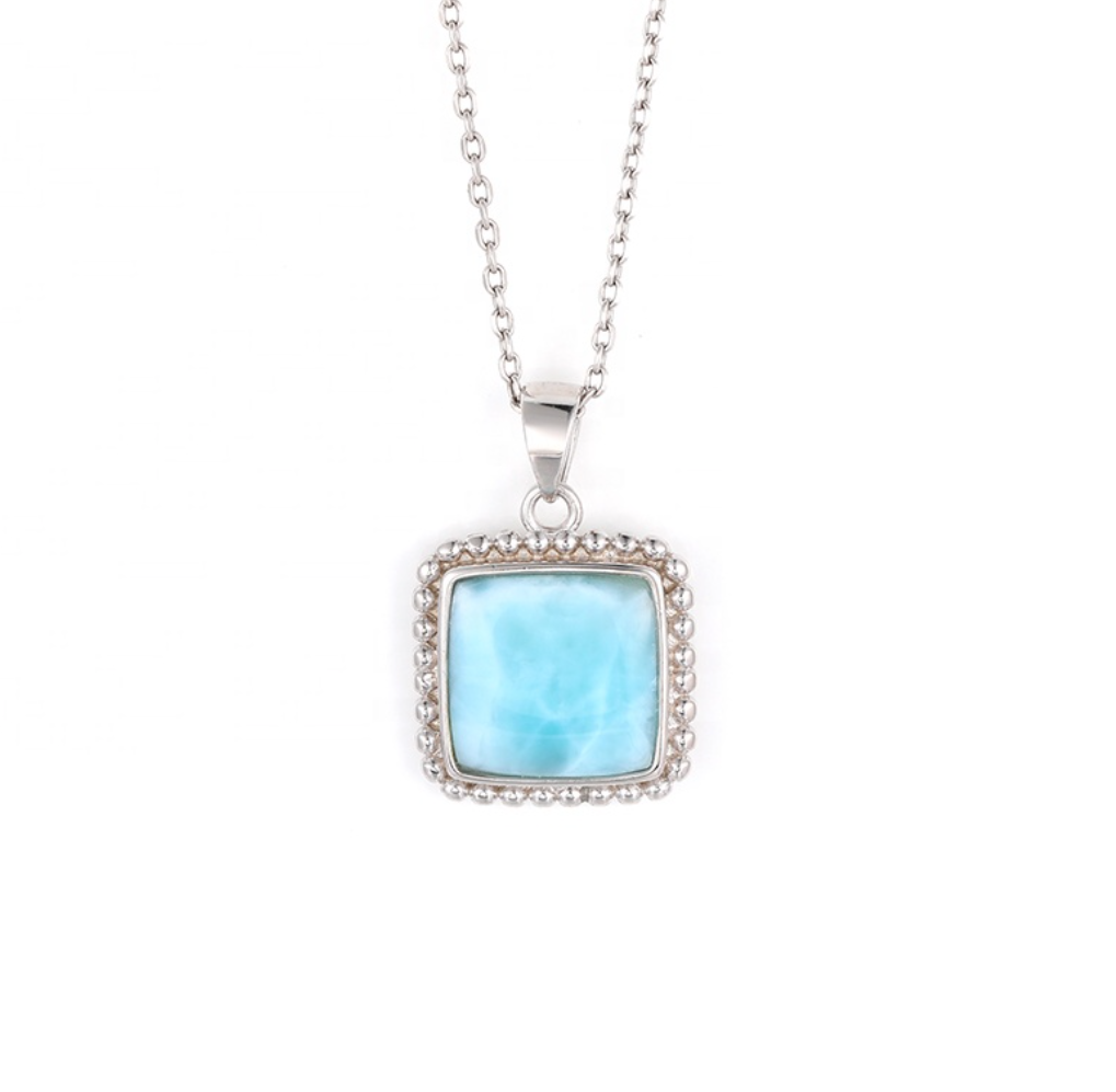 Sky Blue Larimar & Sterling Silver Square Pendant Necklace