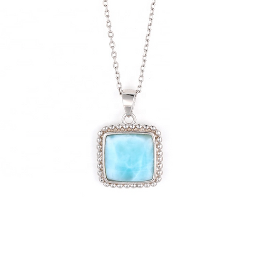 Sky Blue Larimar & Sterling Silver Square Pendant Necklace