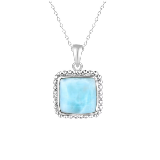 Sky Blue Larimar & Sterling Silver Square Pendant Necklace