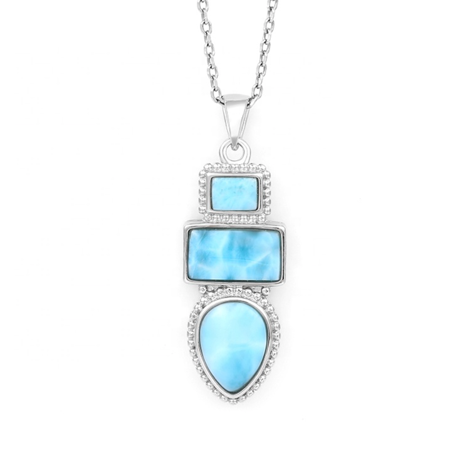 Sky Blue Larimar & Sterling Silver Geometric Pendant Necklace