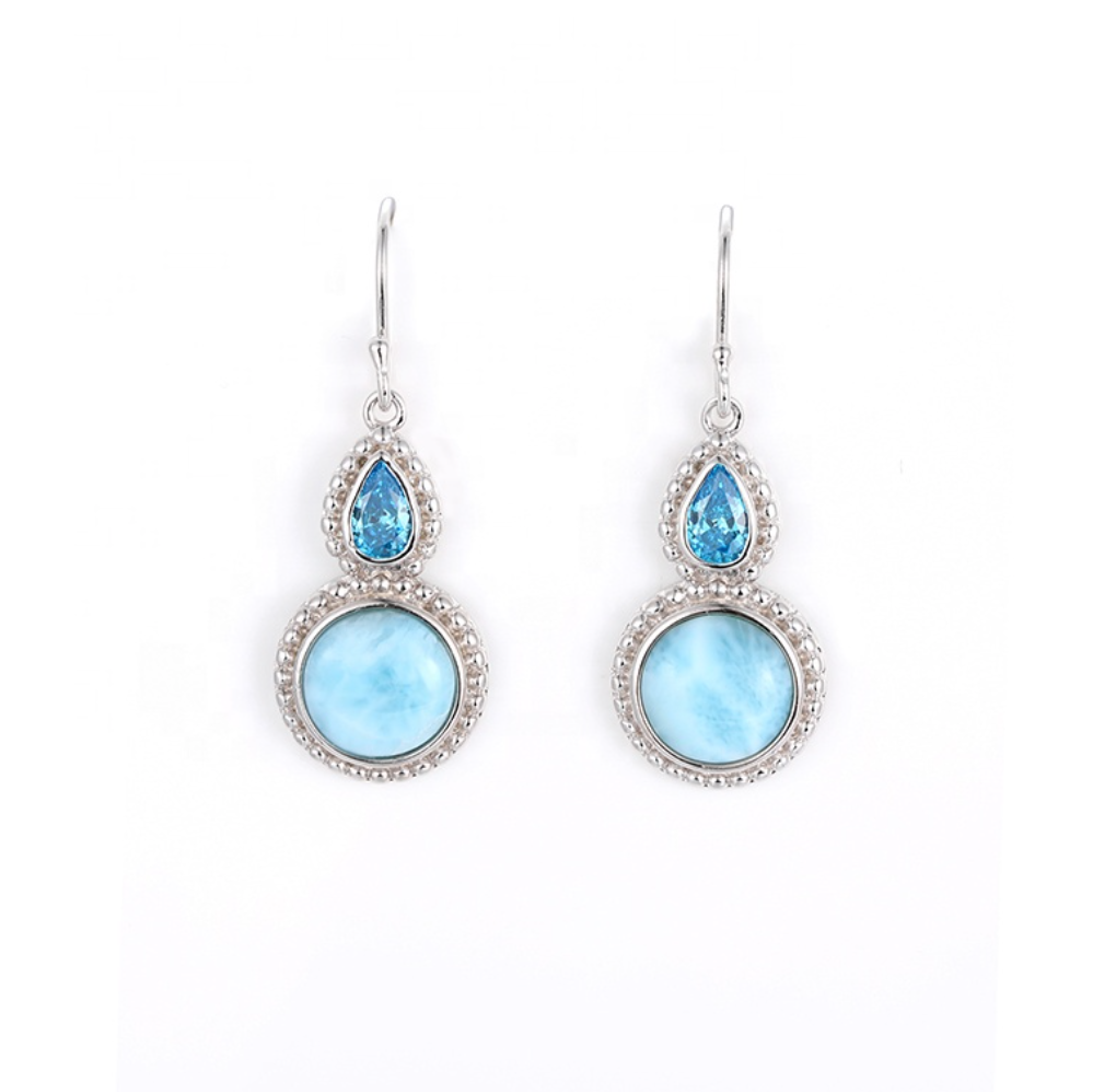 Sky Blue Larimar & Sterling Silver Teardrop Circle Drop Earrings