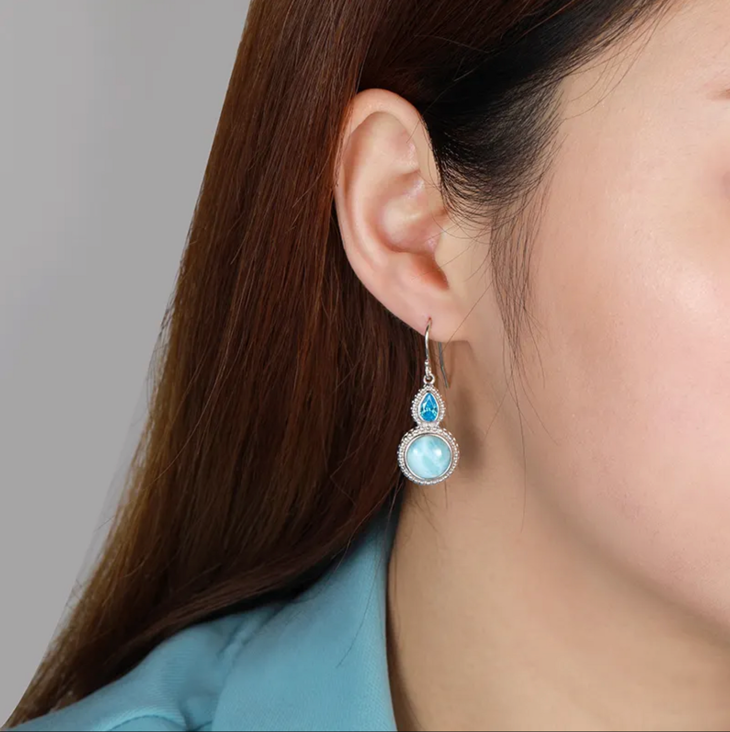 Sky Blue Larimar & Sterling Silver Teardrop Circle Drop Earrings