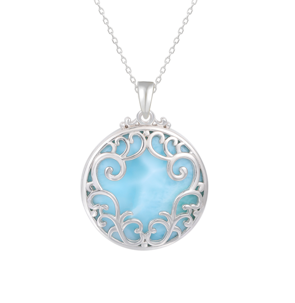 Sky Blue Larimar & Sterling Silver Lace-Encased Pendant Necklace